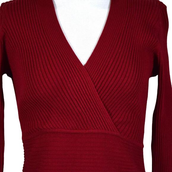 August Silk Red Rib Knit Stretch Faux Wrap Sweater Petite S Silk Blend - Picture 2 of 7